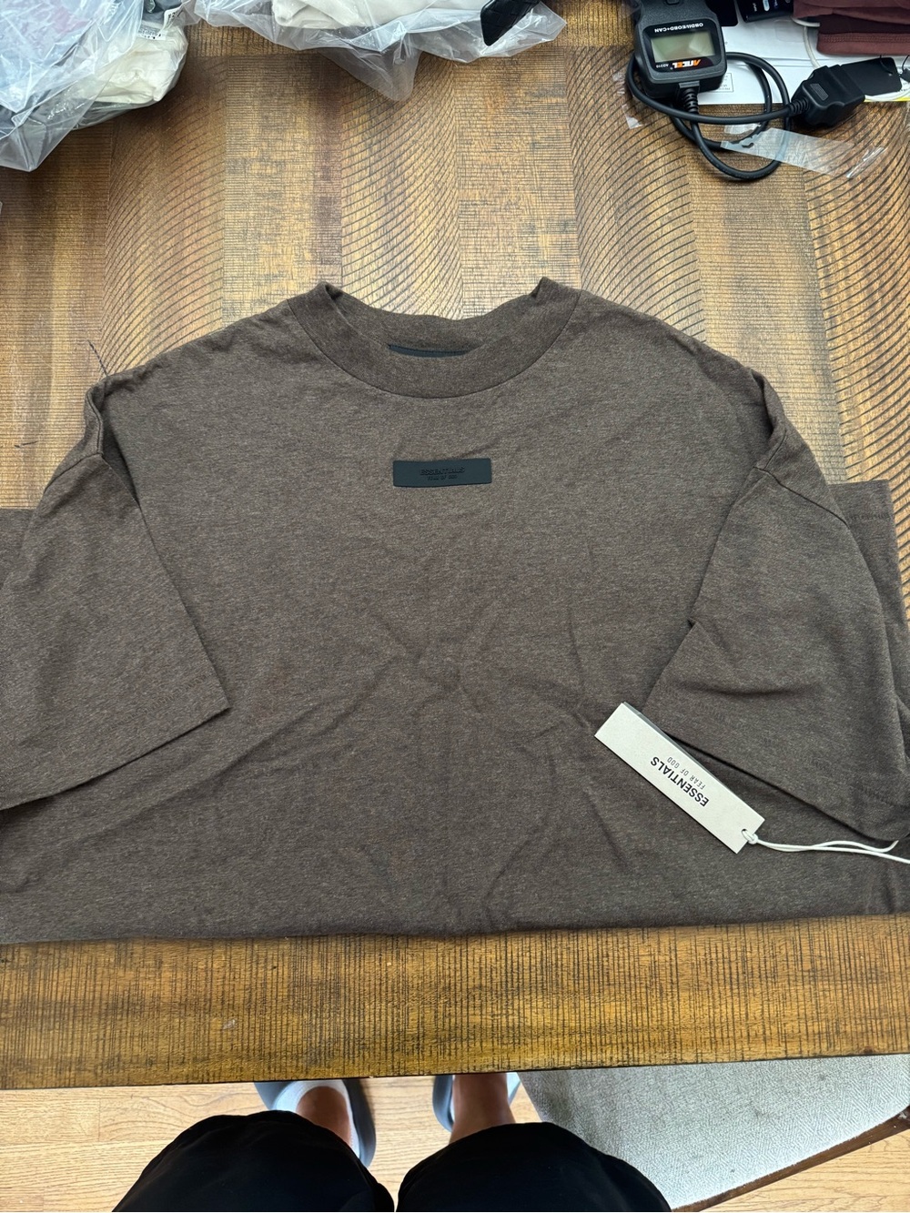 ESSENTIALS Men's Brown Crewneck Short-Sleeve Shirt